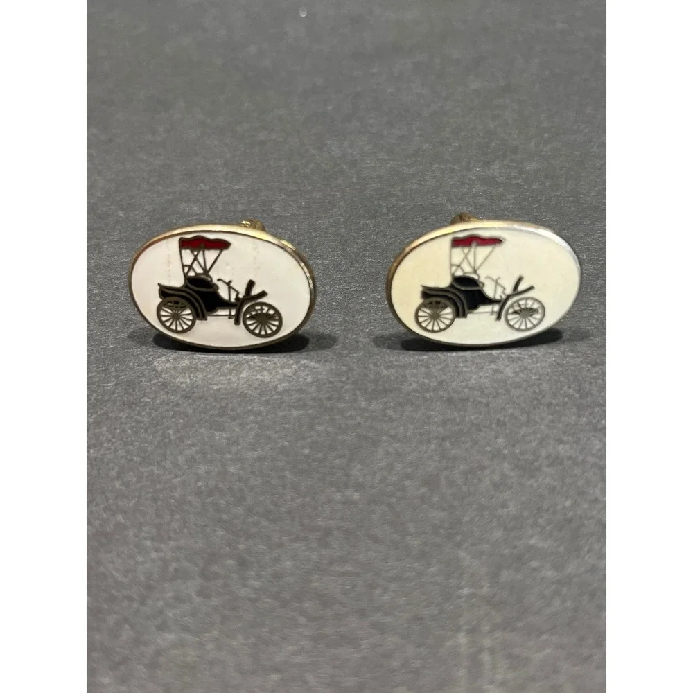Vintage Antique Car Cufflinks Tie Clip Keychain Set 1908 Buick Automobilia Gold